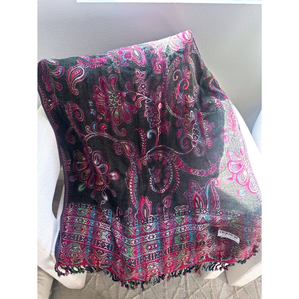 Y2K 100% Cashmere Paisley Floral Pashmina Shawl Wrap Scarf Brown Magenta Fringe - Picture 5 of 7